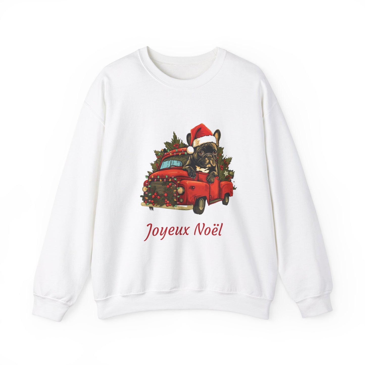 "Joyeux Noël" - Frenchie Bulldog in a Red Truck Christmas Themed Sweatshirt - French Boston