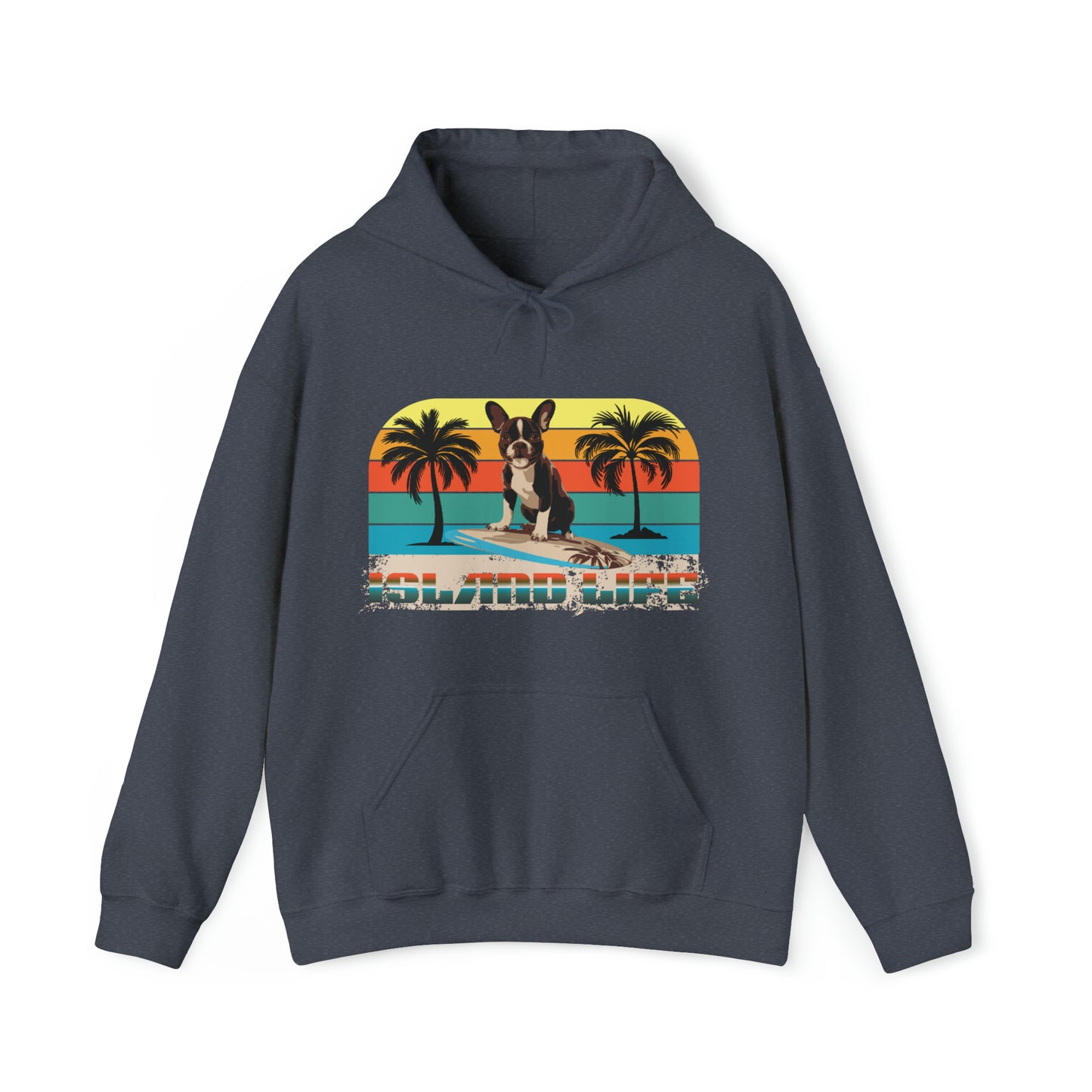 "Island Life" Surfing Boston Terrier - Unisex Heavy Blend™ Hooded Sweatshirt - French Boston