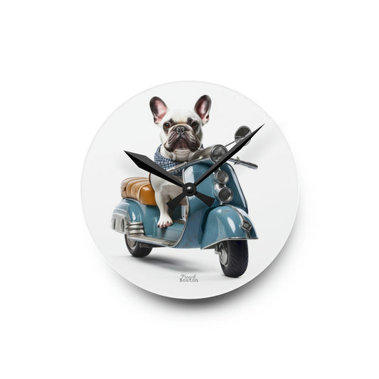 French Bulldog on Scooter Acrylic Wall Clock - Round - French Boston