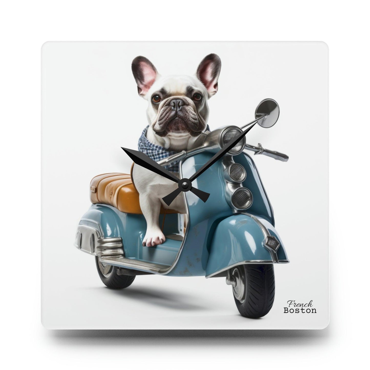 French Bulldog on Scooter Acrylic Wall Clock - Square - French Boston