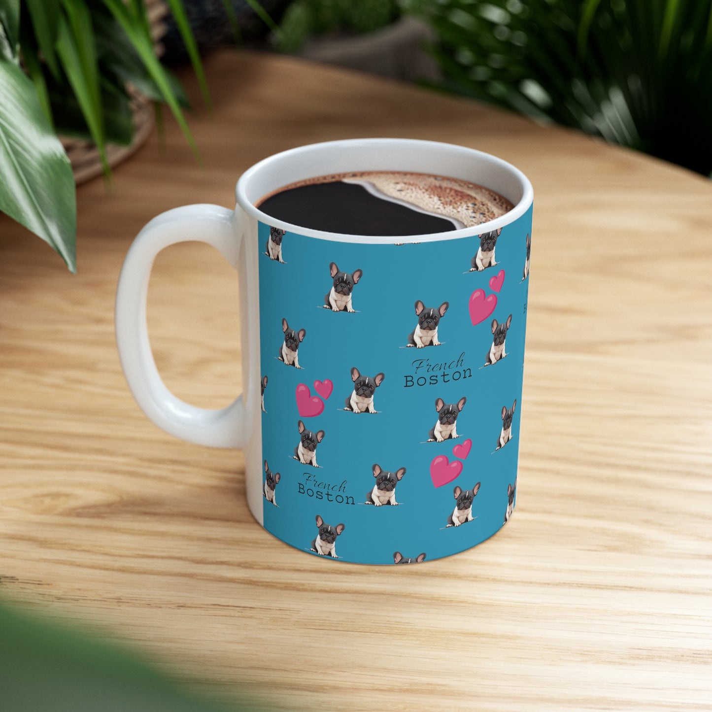 Baby French Boston Patterned Coffee Mug 11oz - Turquoise color with pink hearts - French Boston