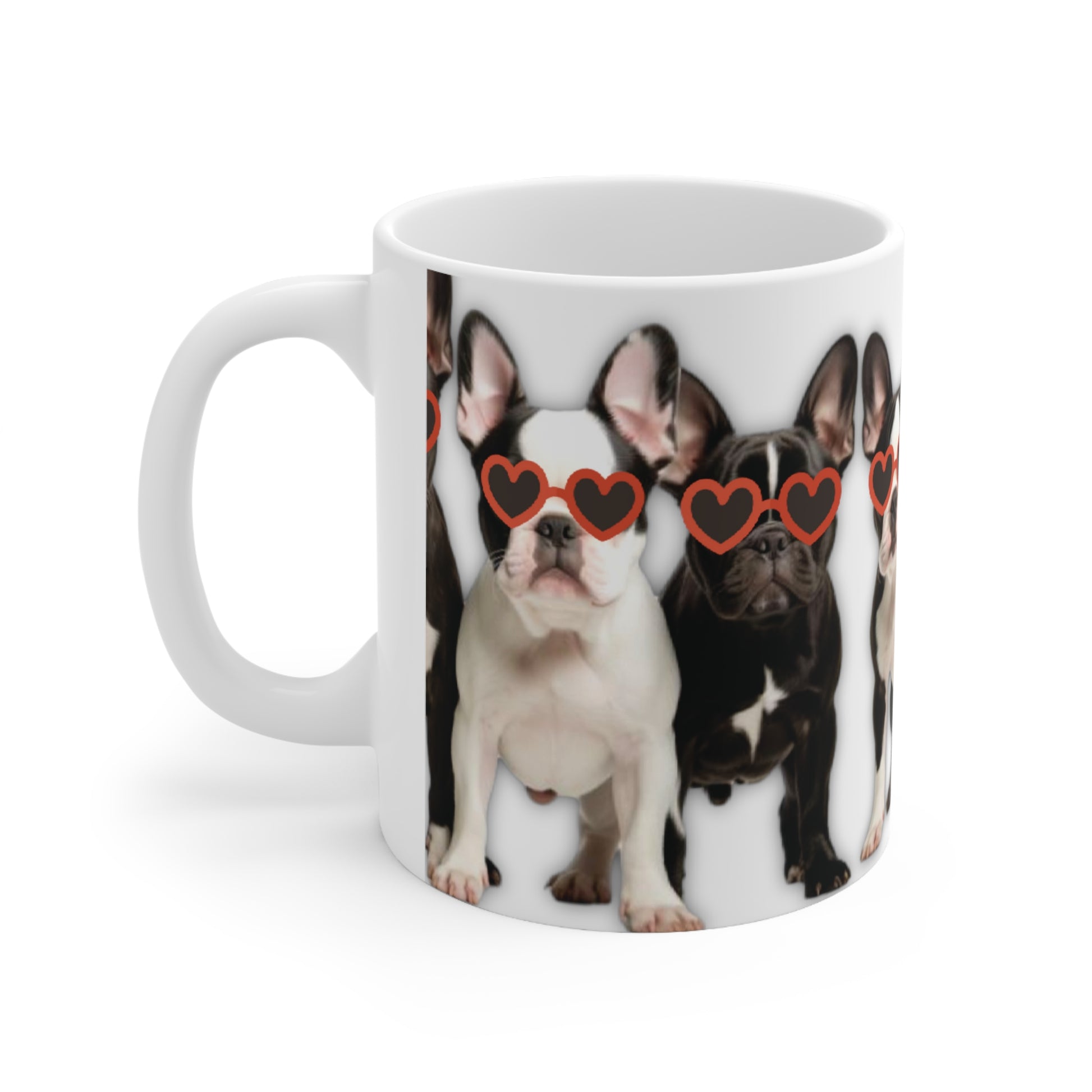 Frenchie Love Mug - Adorable Row of French Bulldogs wearing sunglasses - Frenchie Bulldog themed Mug 11oz - French Boston