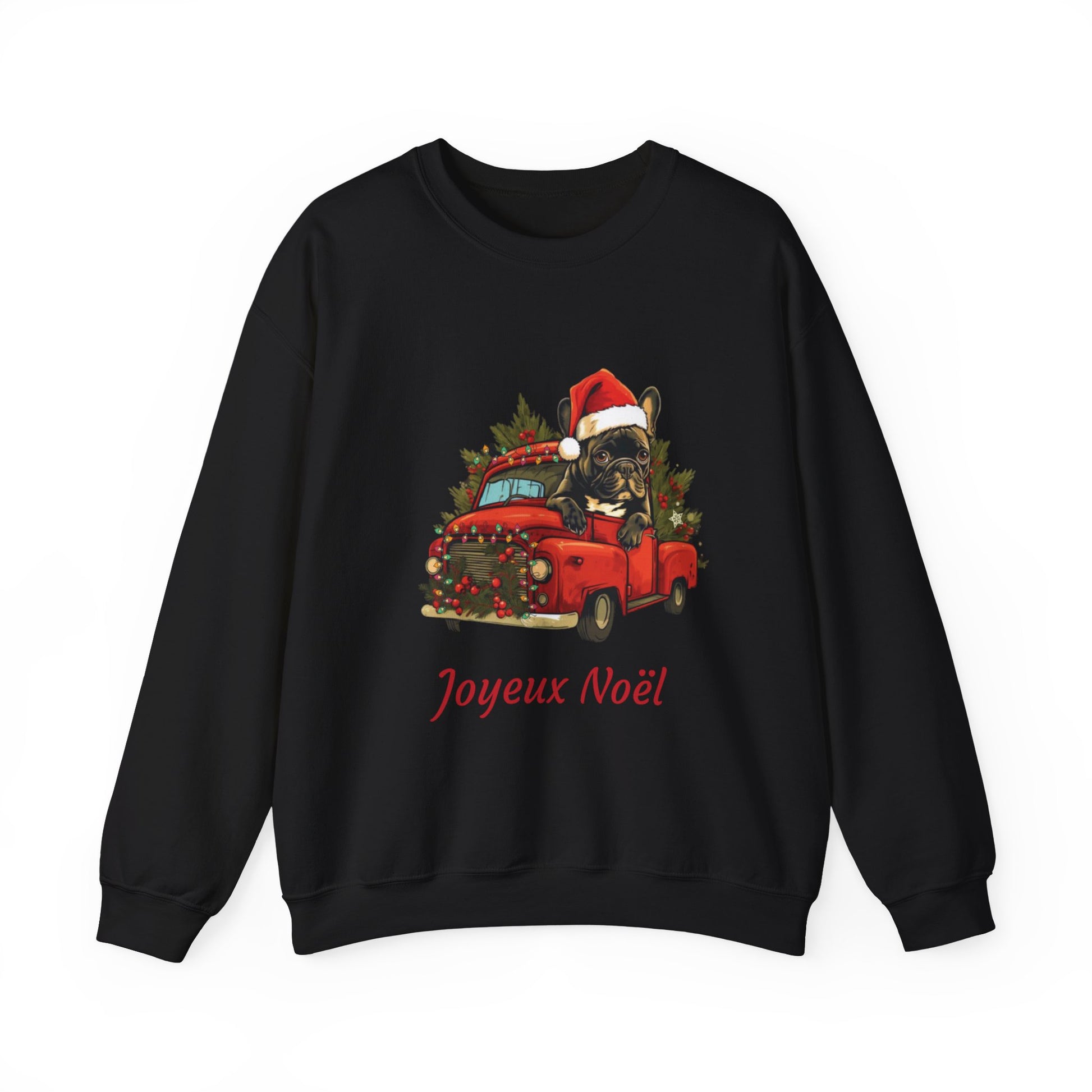 "Joyeux Noël" - Frenchie Bulldog in a Red Truck Christmas Themed Sweatshirt - French Boston