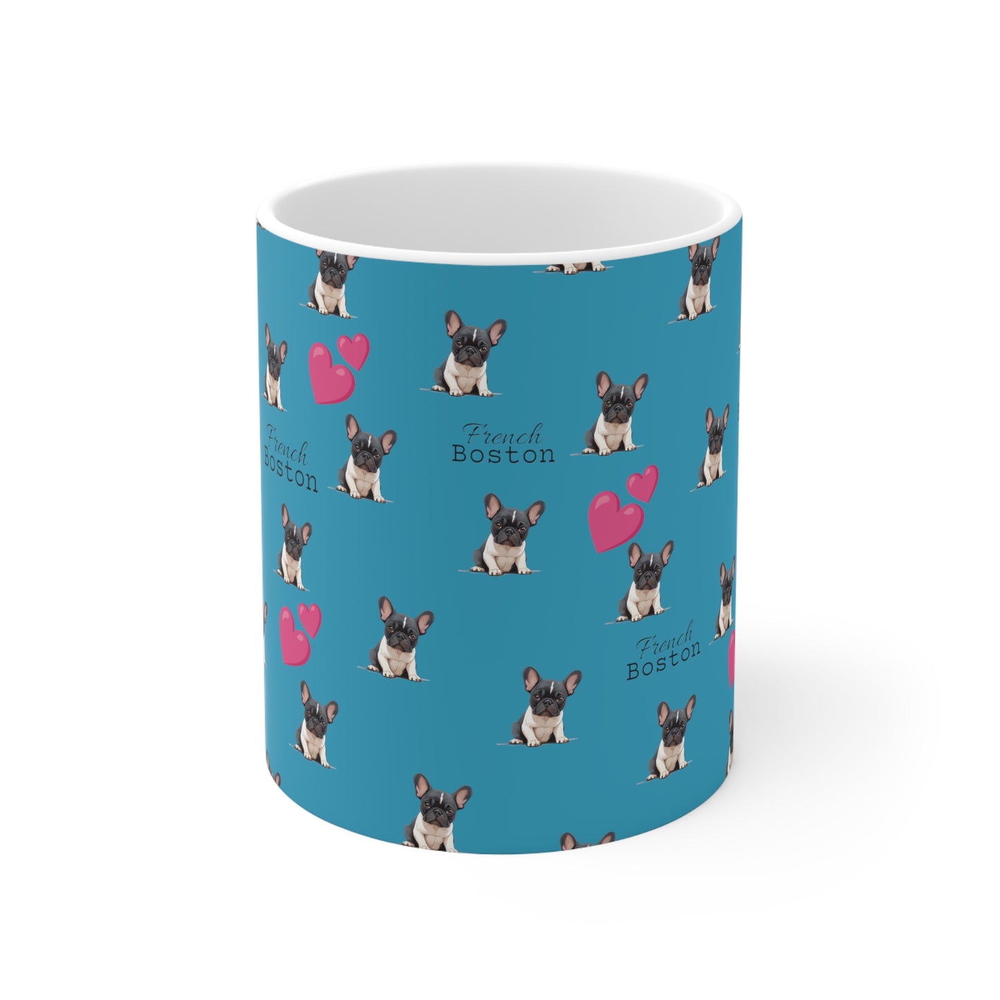 Baby French Boston Patterned Coffee Mug 11oz - Turquoise color with pink hearts - French Boston