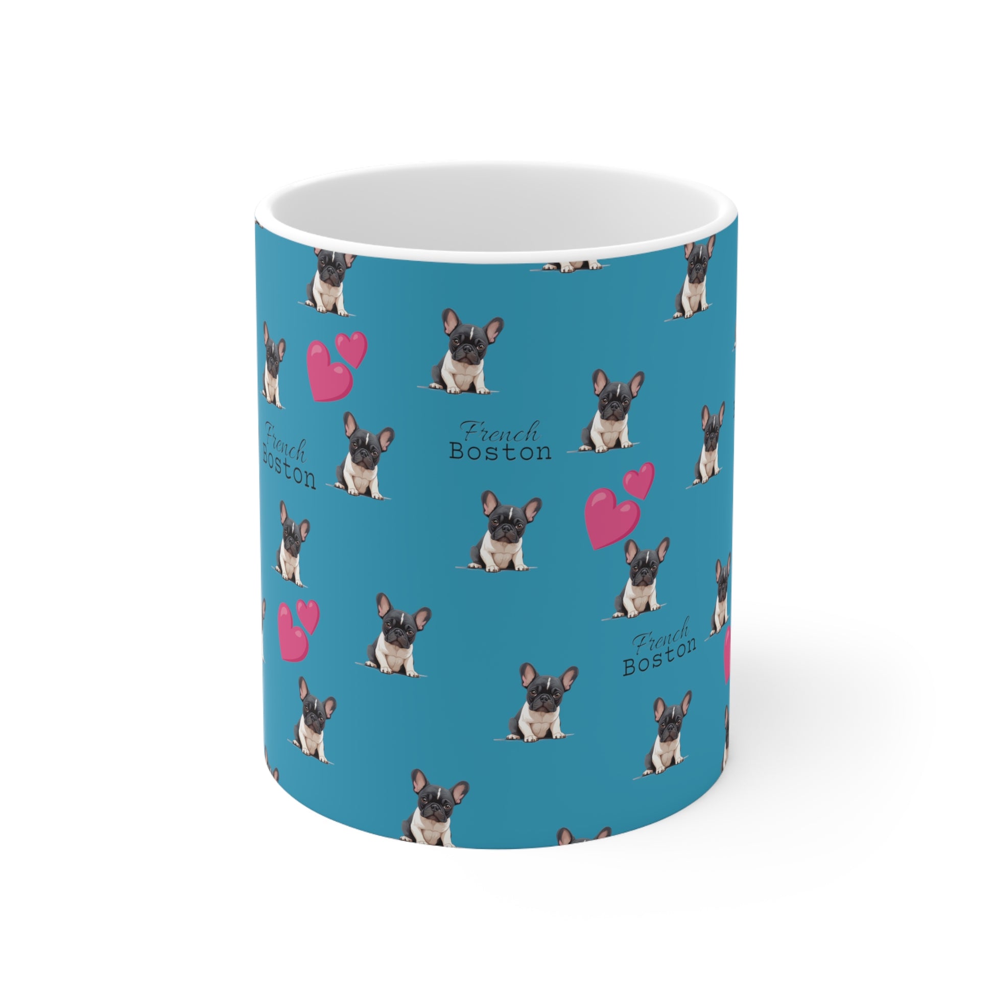 Baby French Boston Patterned Coffee Mug 11oz - Turquoise color with pink hearts - French Boston