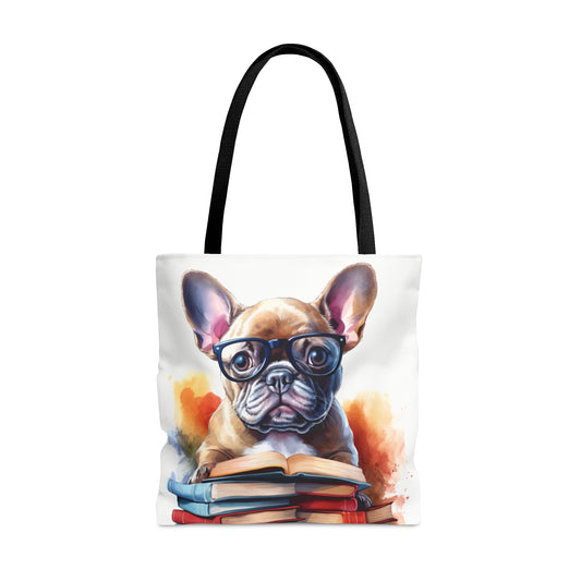 Books and French Bulldog Watercolor themed Tote Bag (AOP) - French Boston