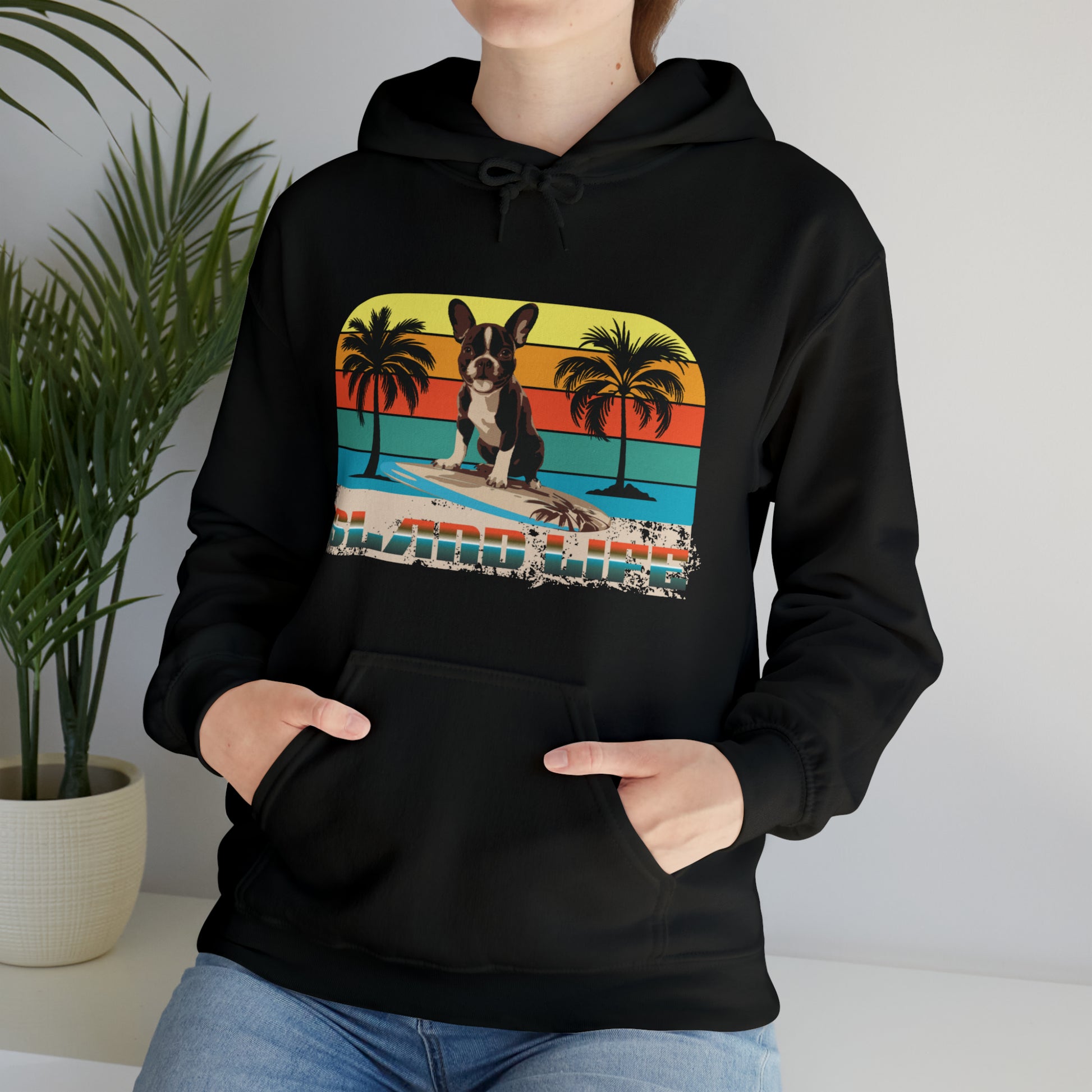 "Island Life" Surfing Boston Terrier - Unisex Heavy Blend™ Hooded Sweatshirt - French Boston