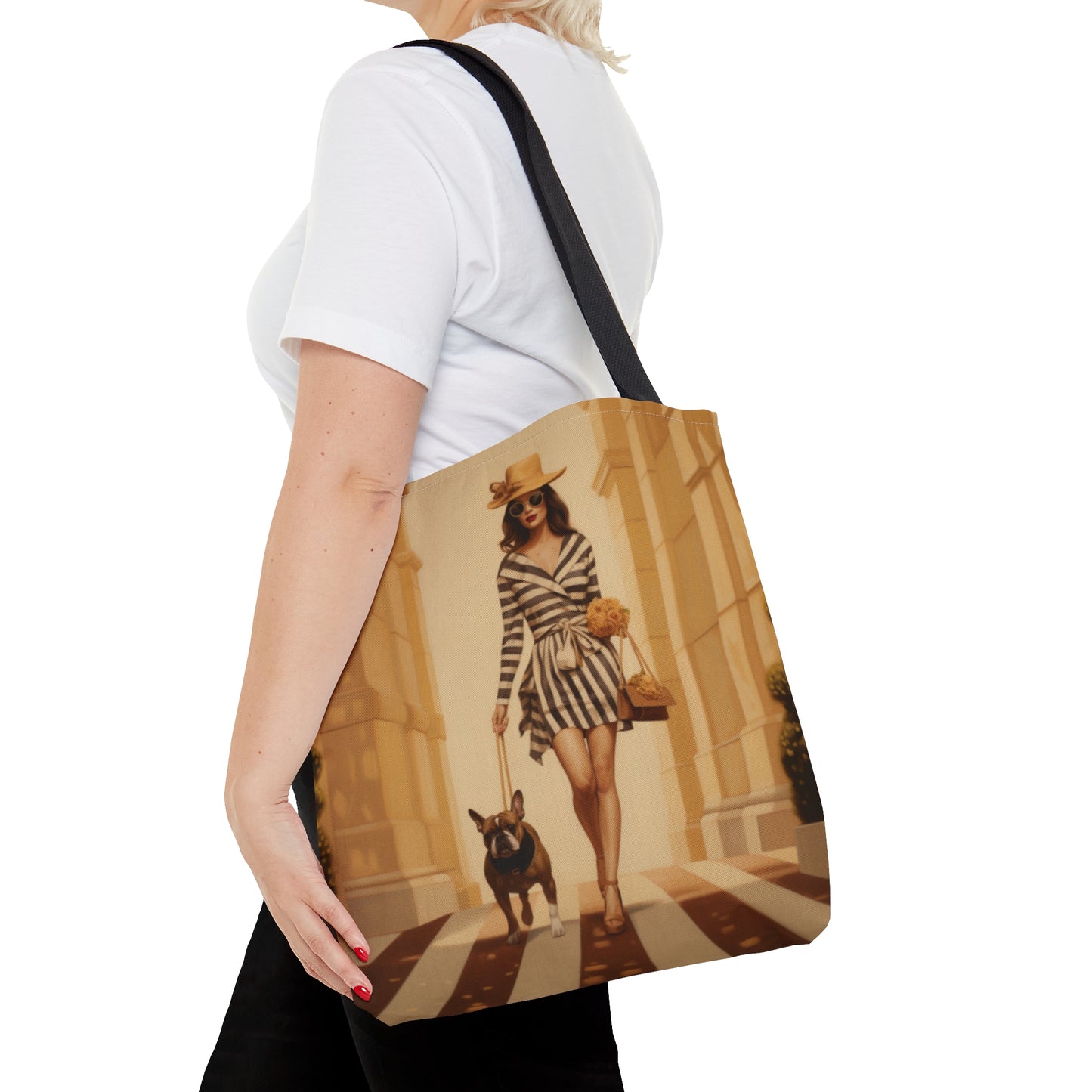 Woman walking French Bulldog french couture themed Tote Bag (AOP) - French Boston