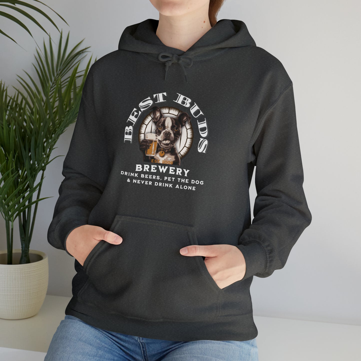 "Best Buds Brewery - Drink Beers, Pet the Dog, & Never Drink Alone" - Boston Terrier Themed Unisex Heavy Blend™ Hooded Sweatshirt - French Boston