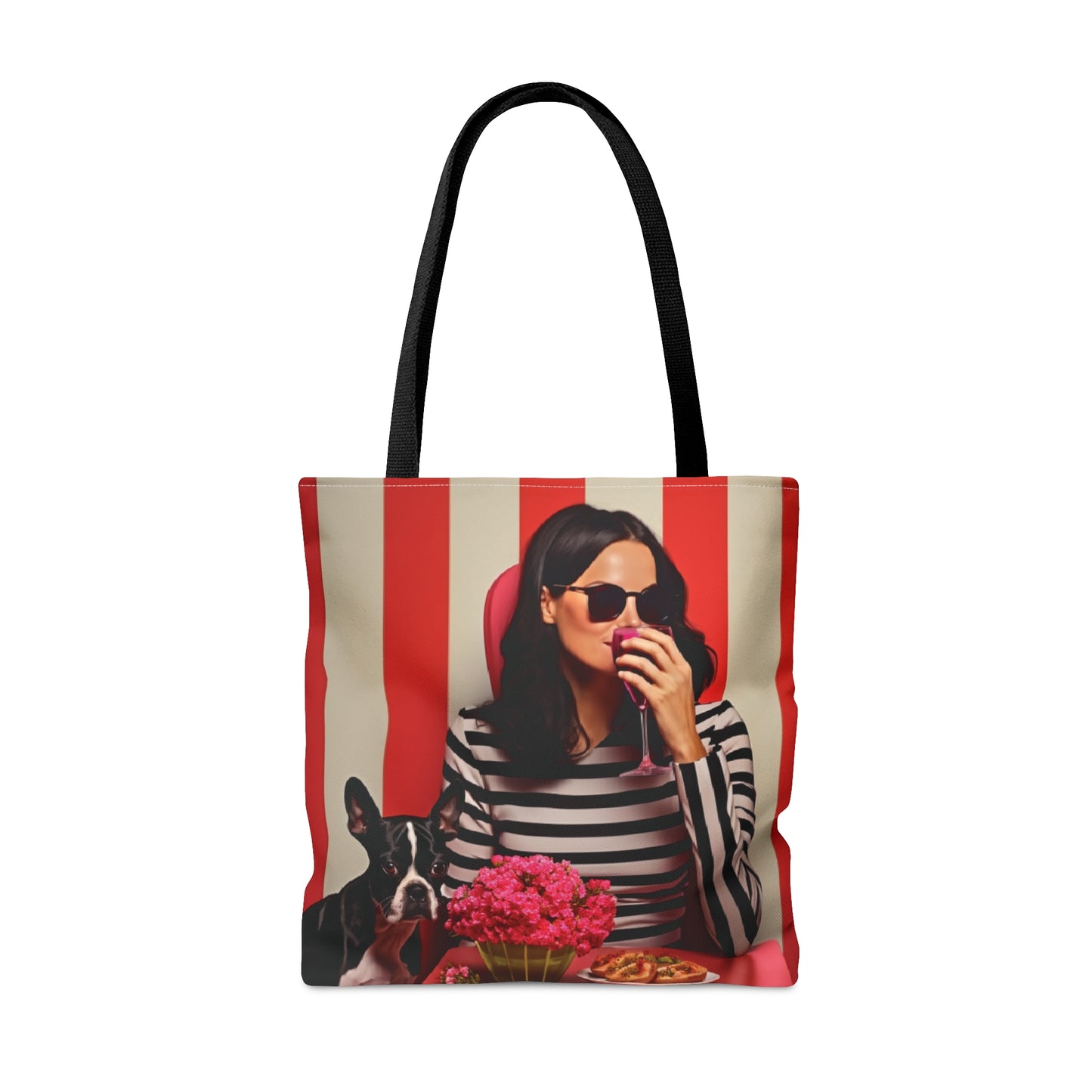 Woman drinking wine with Boston Terrier themed Tote Bag (AOP) - French Boston