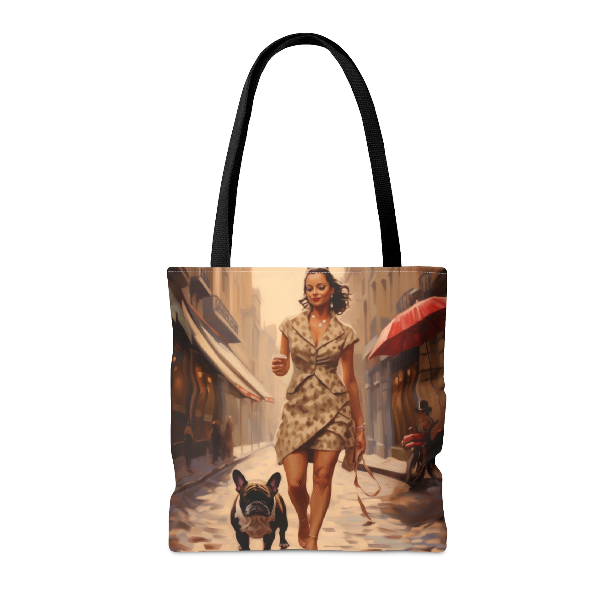 Woman walking French Bulldog french themed Tote Bag (AOP) - French Boston