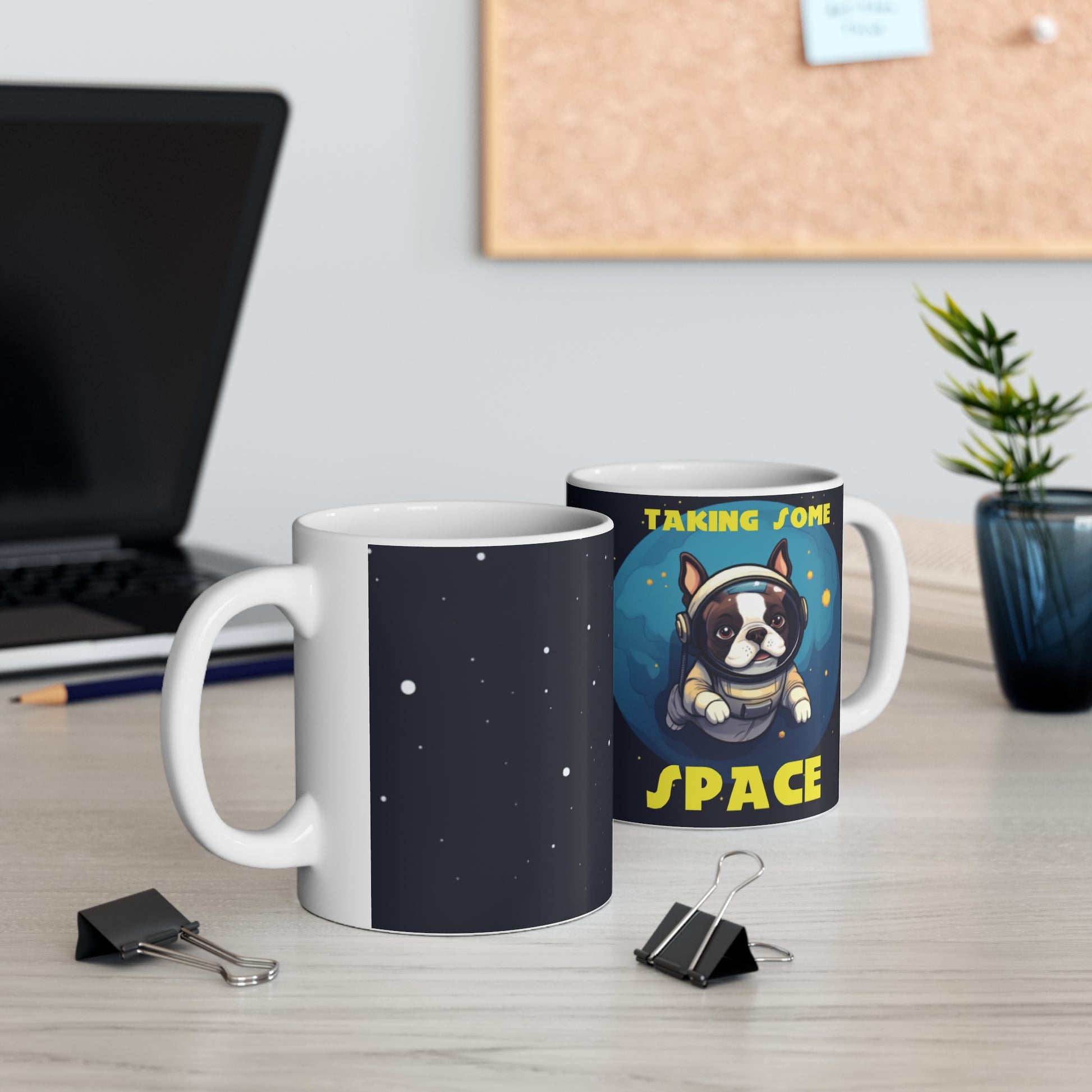 "Taking Some Space" - Cartoon of Frenchie Boston in Space Themed Coffee Mug 11oz - French Boston