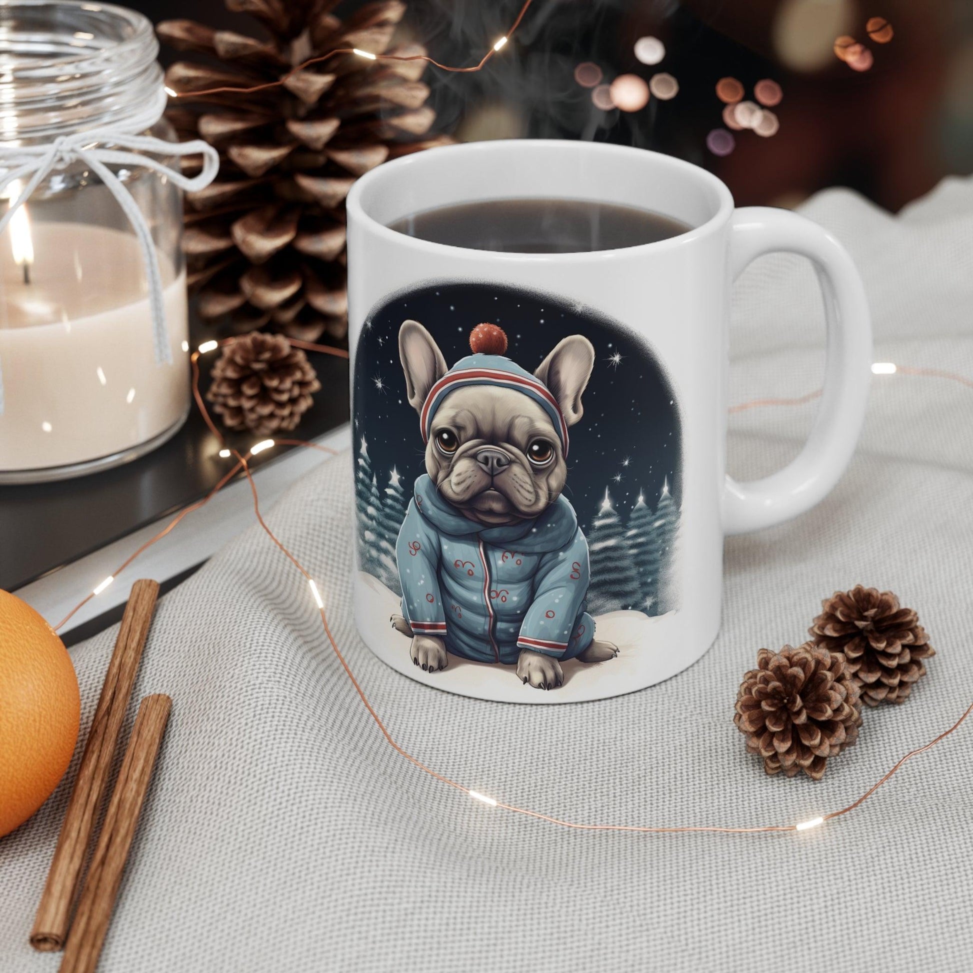 Frenchton holiday coffee mug, 11 OZ Size - French Bulldog winter scene - French Boston