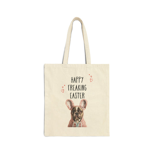 "Happy Freaking Easter" - Frenchie Bulldog Easter Funny Themed 100% Cotton Canvas Tote Bag - French Boston