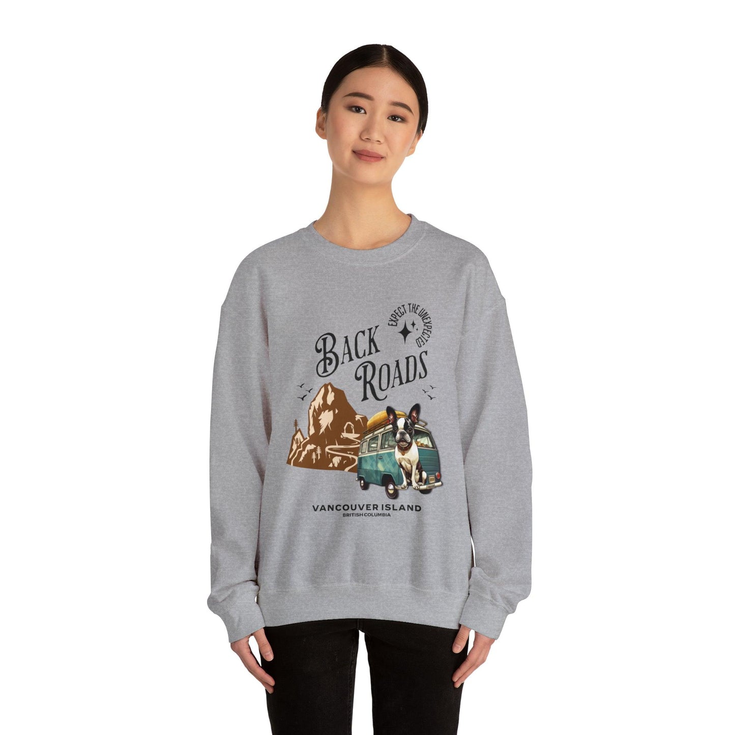 "Back Roads Vancouver Island - Expect the Unexpected" French Boston Unisex Crewneck Sweatshirt - French Boston