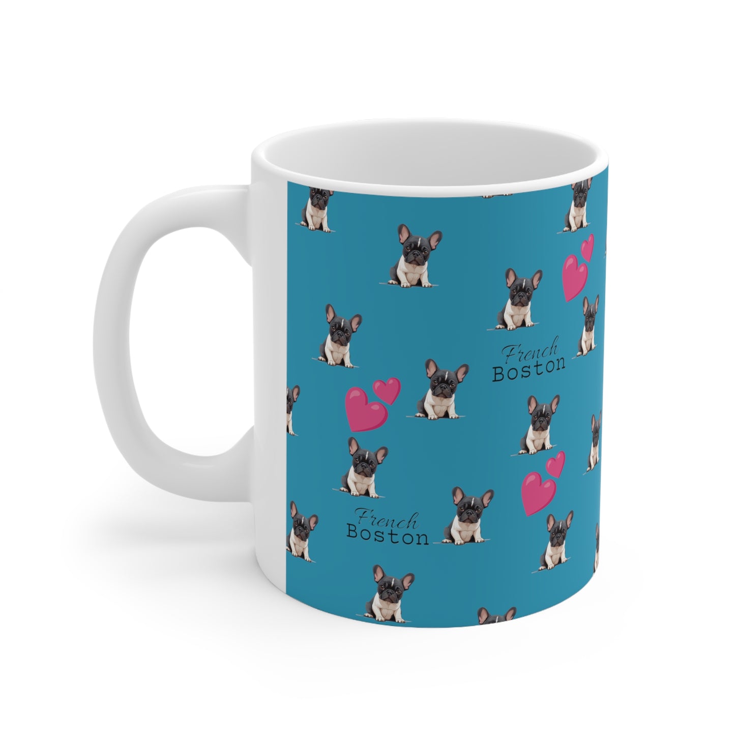 Baby French Boston Patterned Coffee Mug 11oz - Turquoise color with pink hearts - French Boston