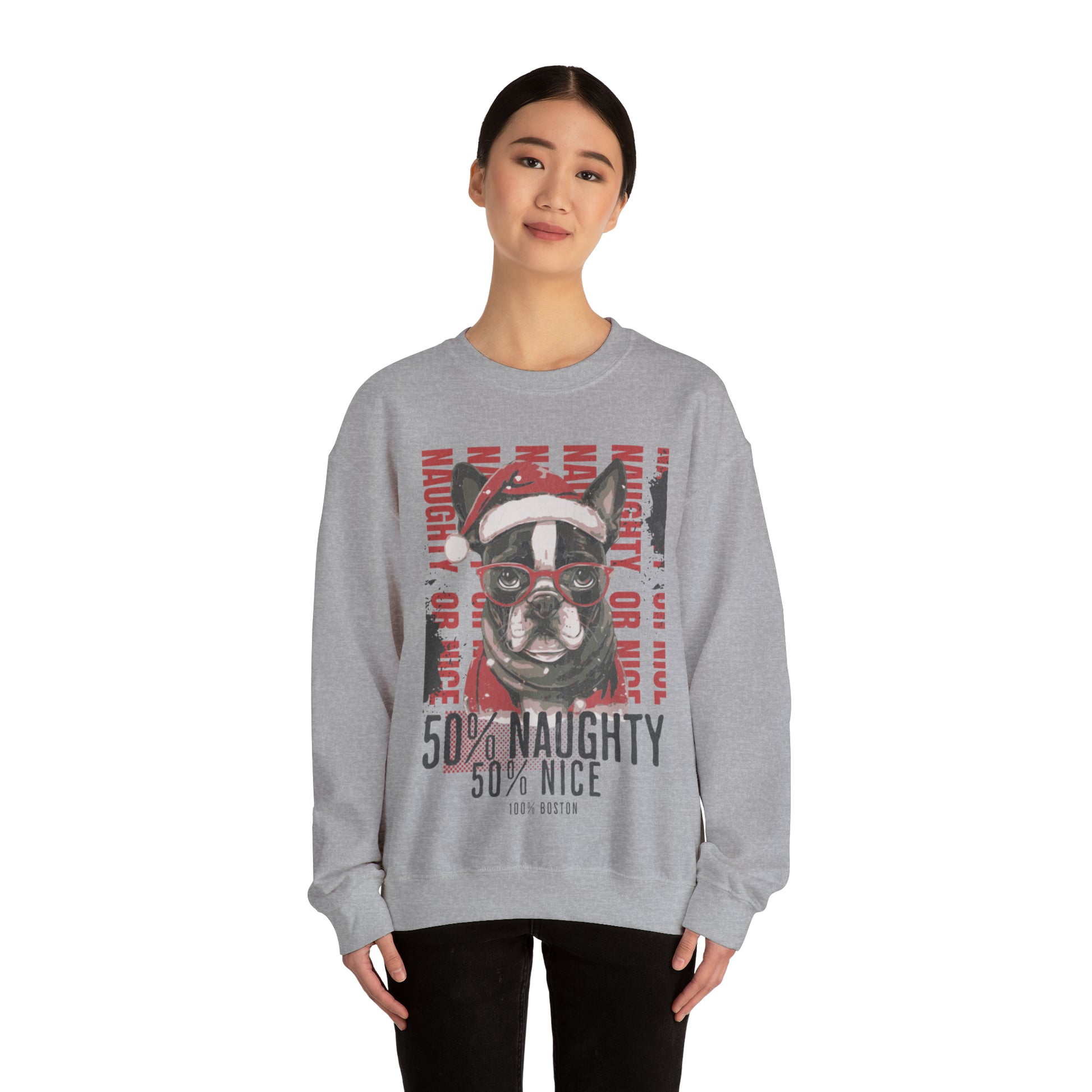 "50% Naughty 50% Nice 100% Boston" Christmas Unisex Crewneck Sweatshirt - French Boston