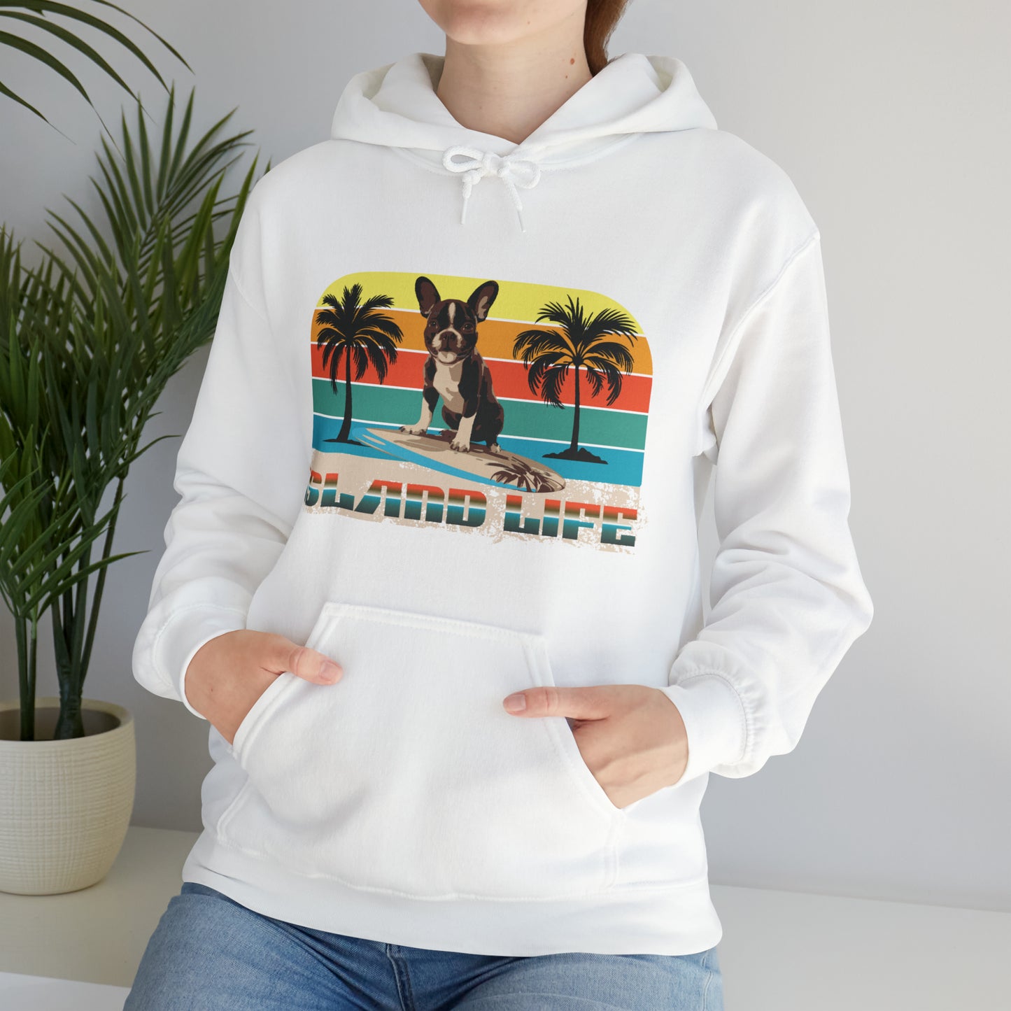 "Island Life" Surfing Boston Terrier - Unisex Heavy Blend™ Hooded Sweatshirt - French Boston