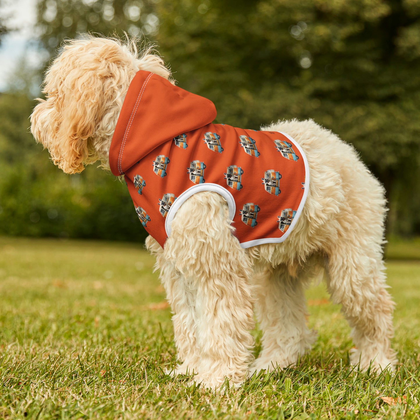 Frenchie in Campervan Pattern Pet Hoodie Hot Pink - French Boston Unique Design - French Boston