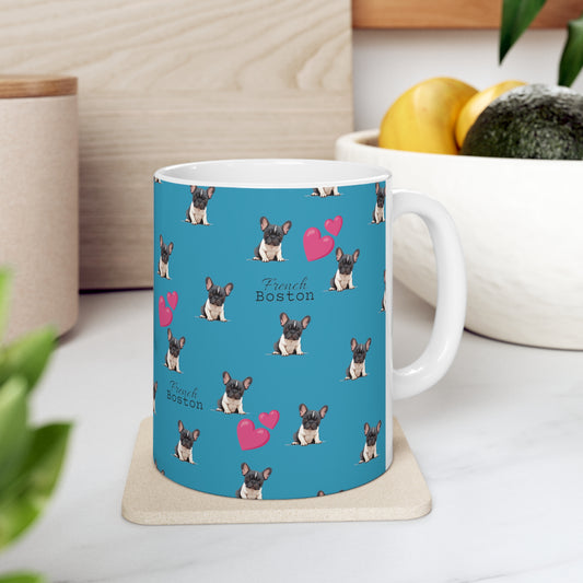 Baby French Boston Patterned Coffee Mug 11oz - Turquoise color with pink hearts - French Boston