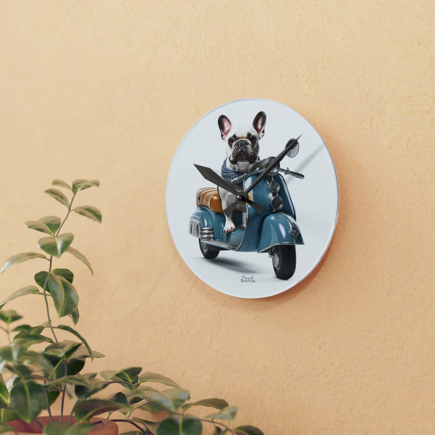 French Bulldog on Scooter Acrylic Wall Clock - Round - French Boston