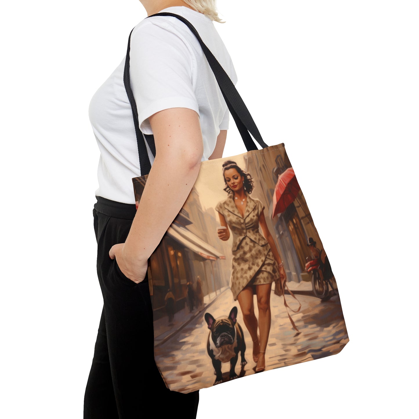 Woman walking French Bulldog french themed Tote Bag (AOP) - French Boston