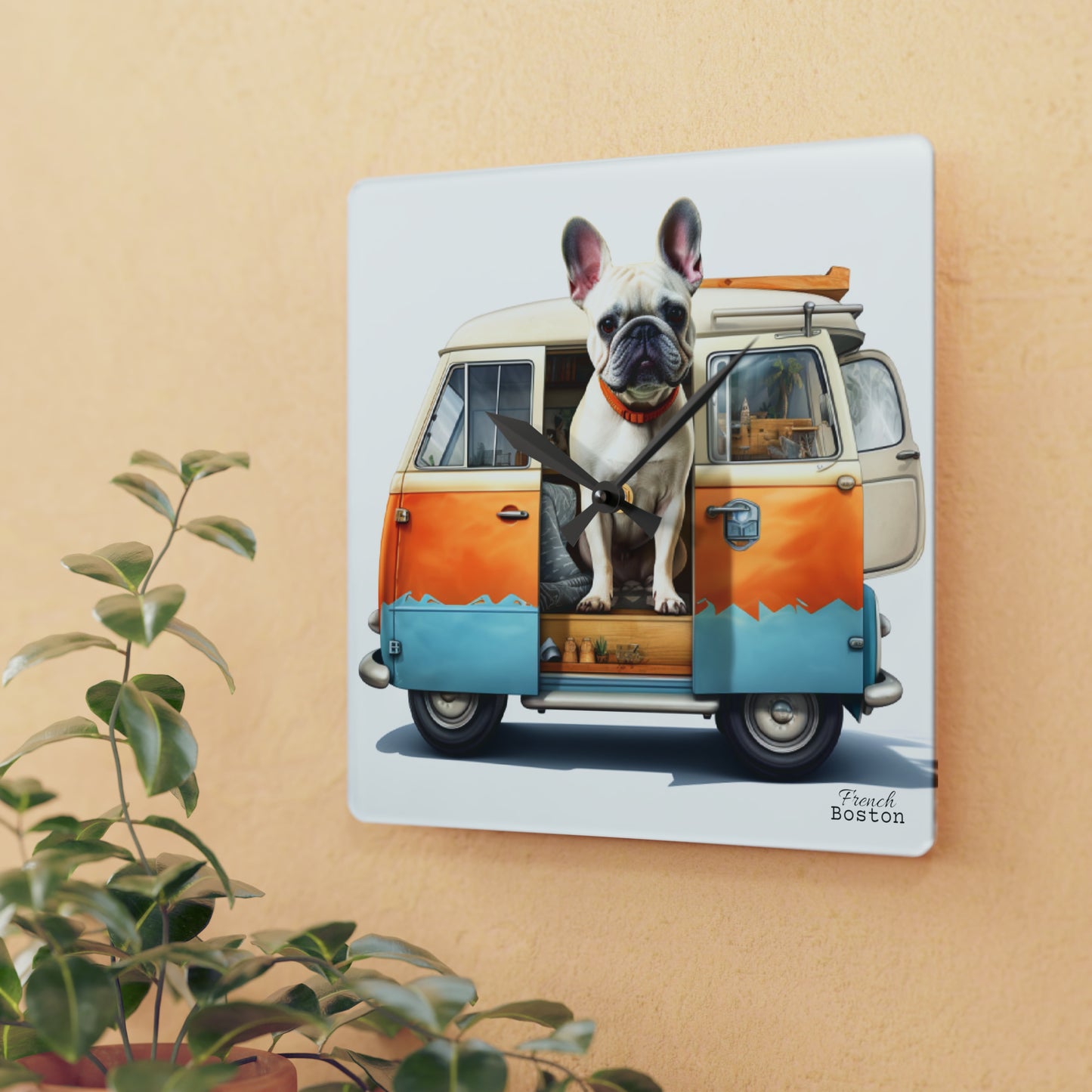 Camper Van French Bulldog Acrylic Wall Clock - Square - French Boston