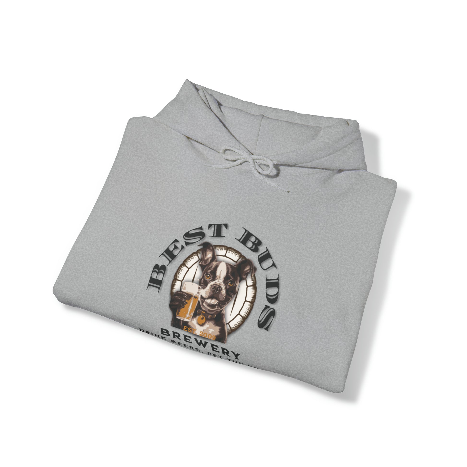 "Best Buds Brewery - Drink Beers, Pet the Dog, & Never Drink Alone" - Boston Terrier Themed Unisex Heavy Blend™ Hooded Sweatshirt - French Boston