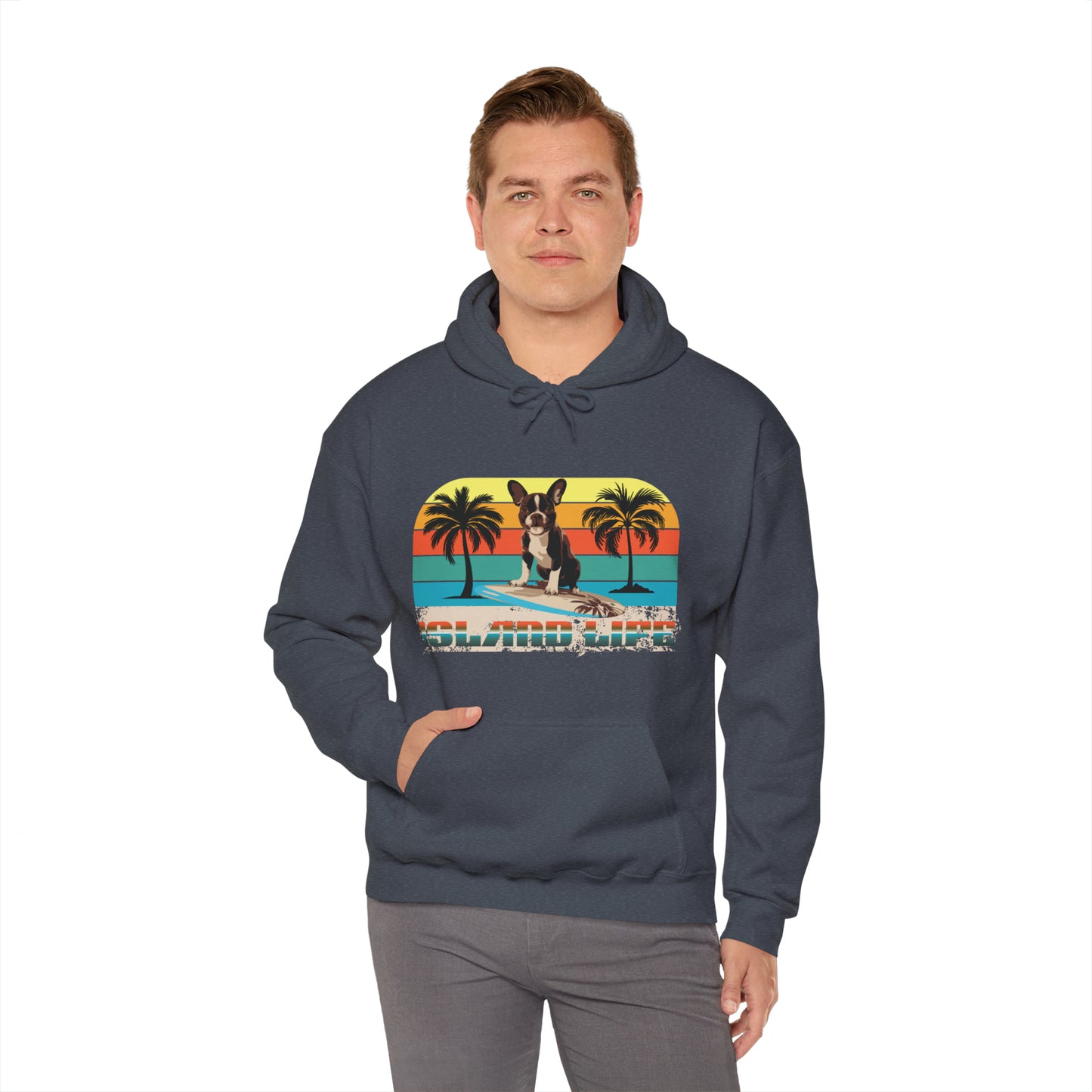 "Island Life" Surfing Boston Terrier - Unisex Heavy Blend™ Hooded Sweatshirt - French Boston