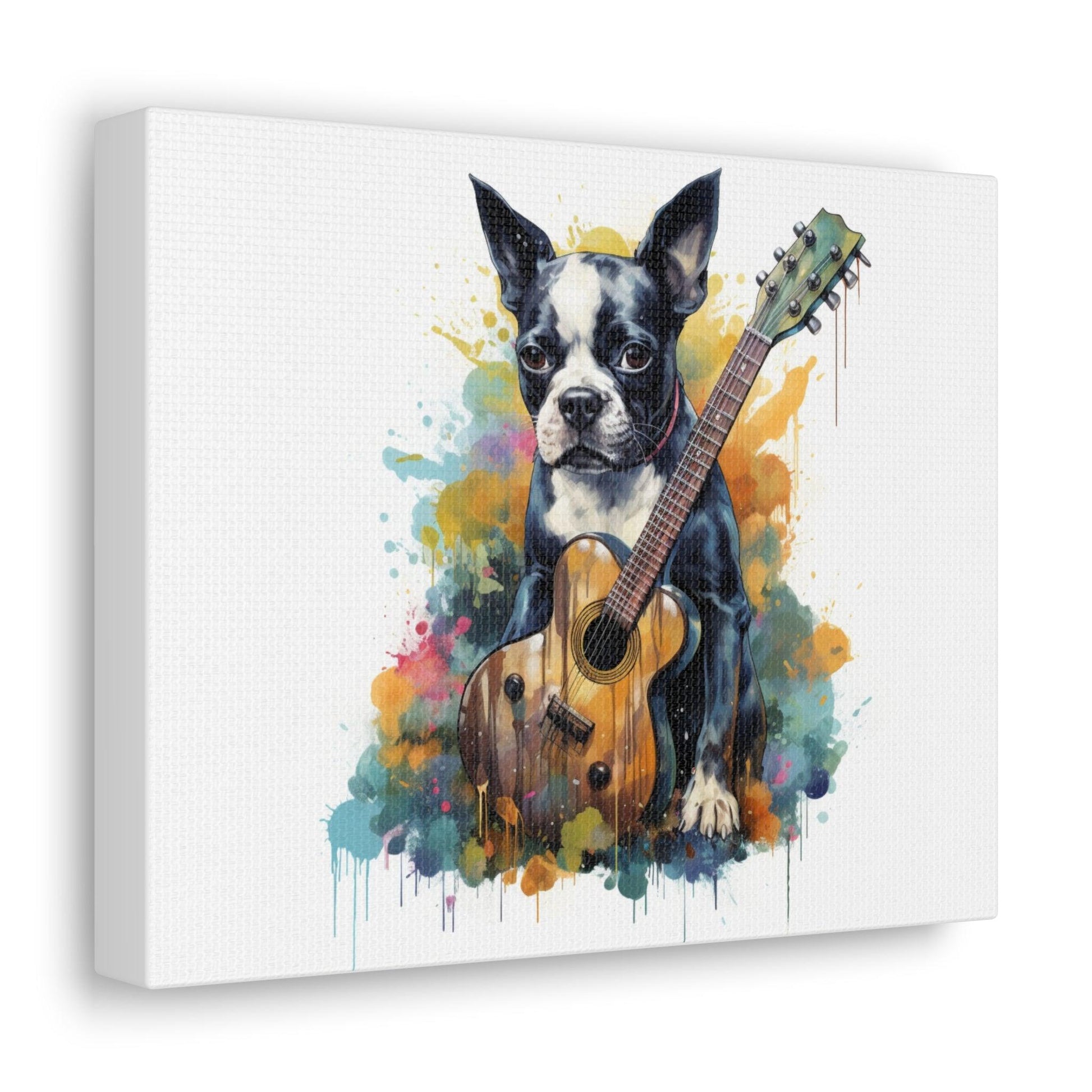 Boston Terrier Guitar Watercolor Print on Canvas - French Boston