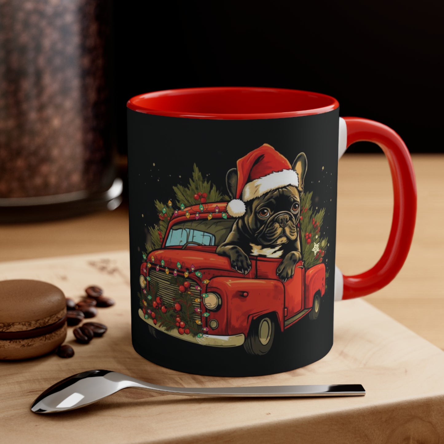 French Bulldog in red truck holiday themed Mug 11oz - French Boston