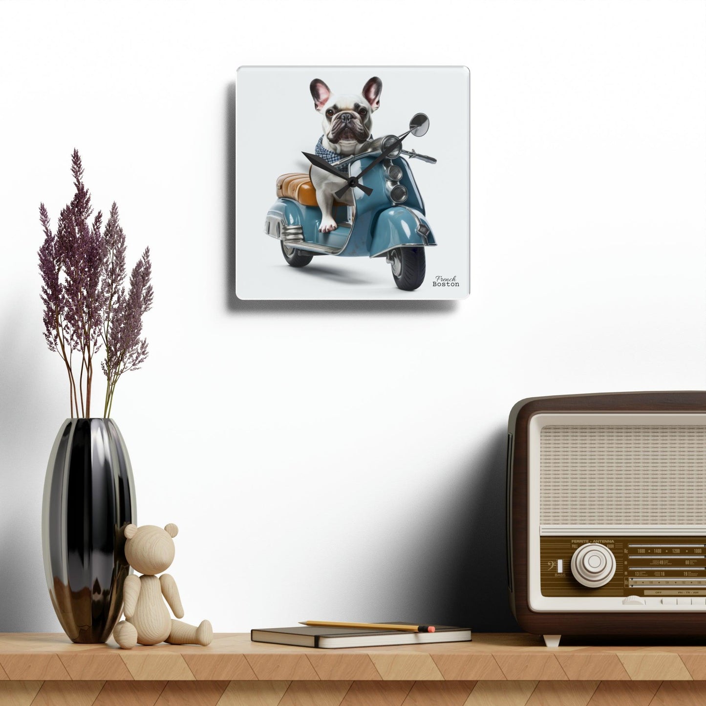 French Bulldog on Scooter Acrylic Wall Clock - Square - French Boston