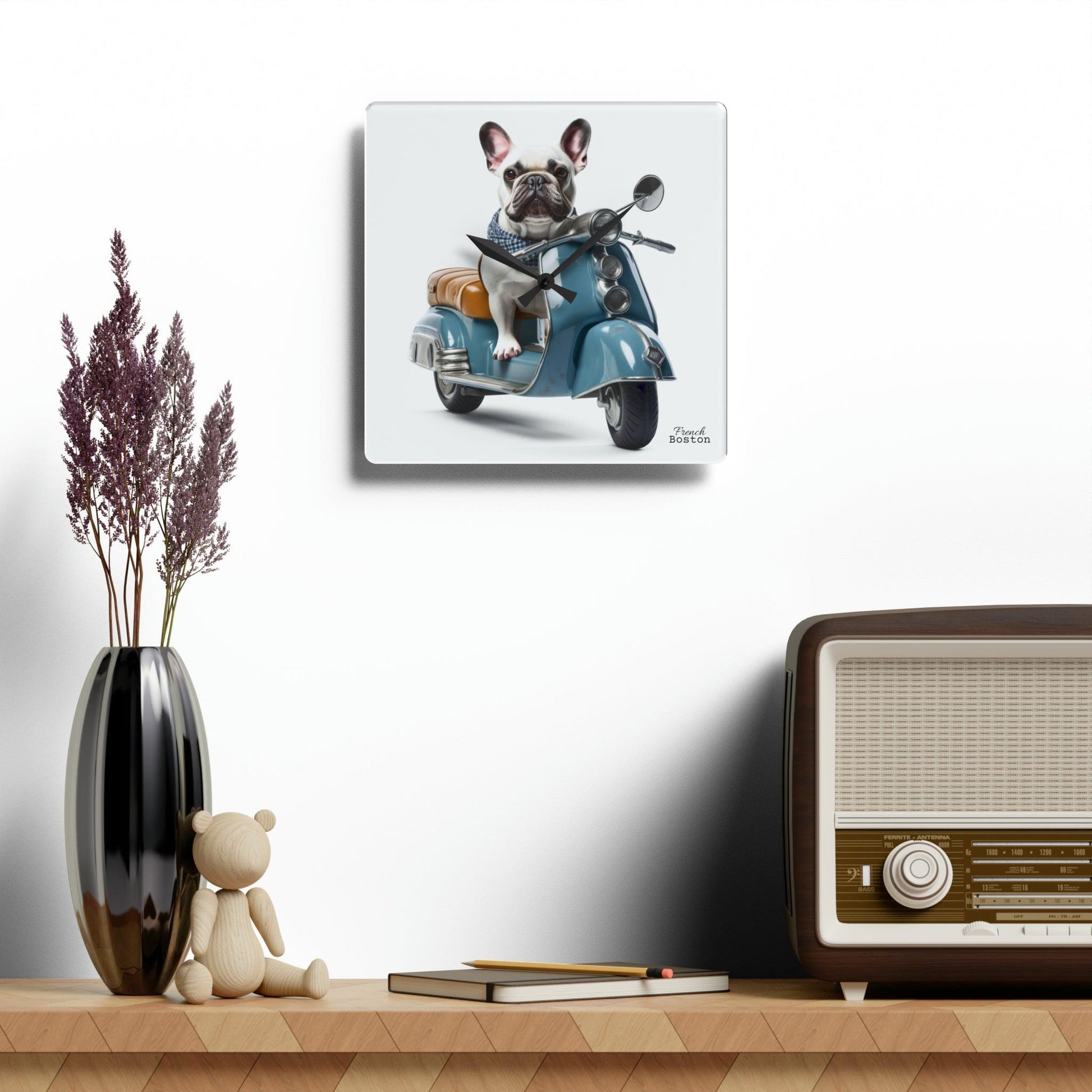 French Bulldog on Scooter Acrylic Wall Clock - Square - French Boston