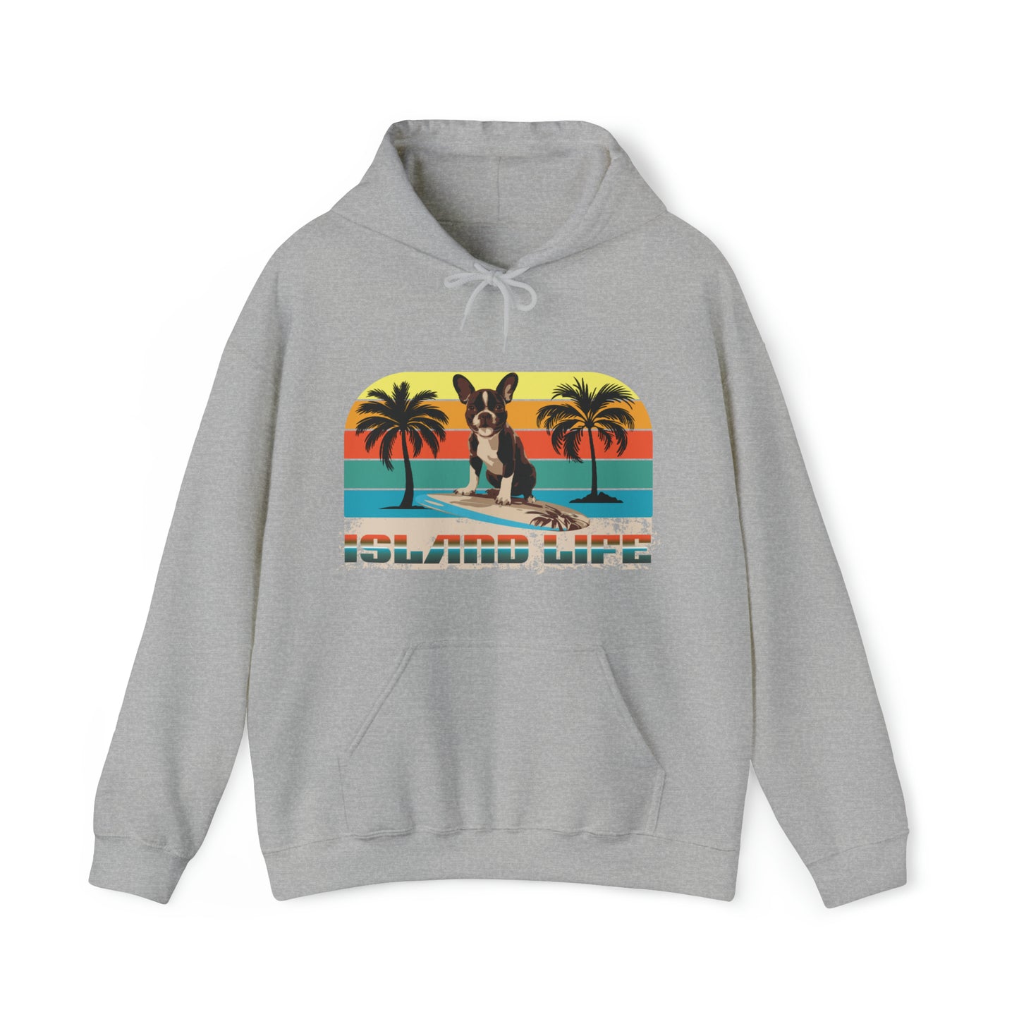 "Island Life" Surfing Boston Terrier - Unisex Heavy Blend™ Hooded Sweatshirt - French Boston