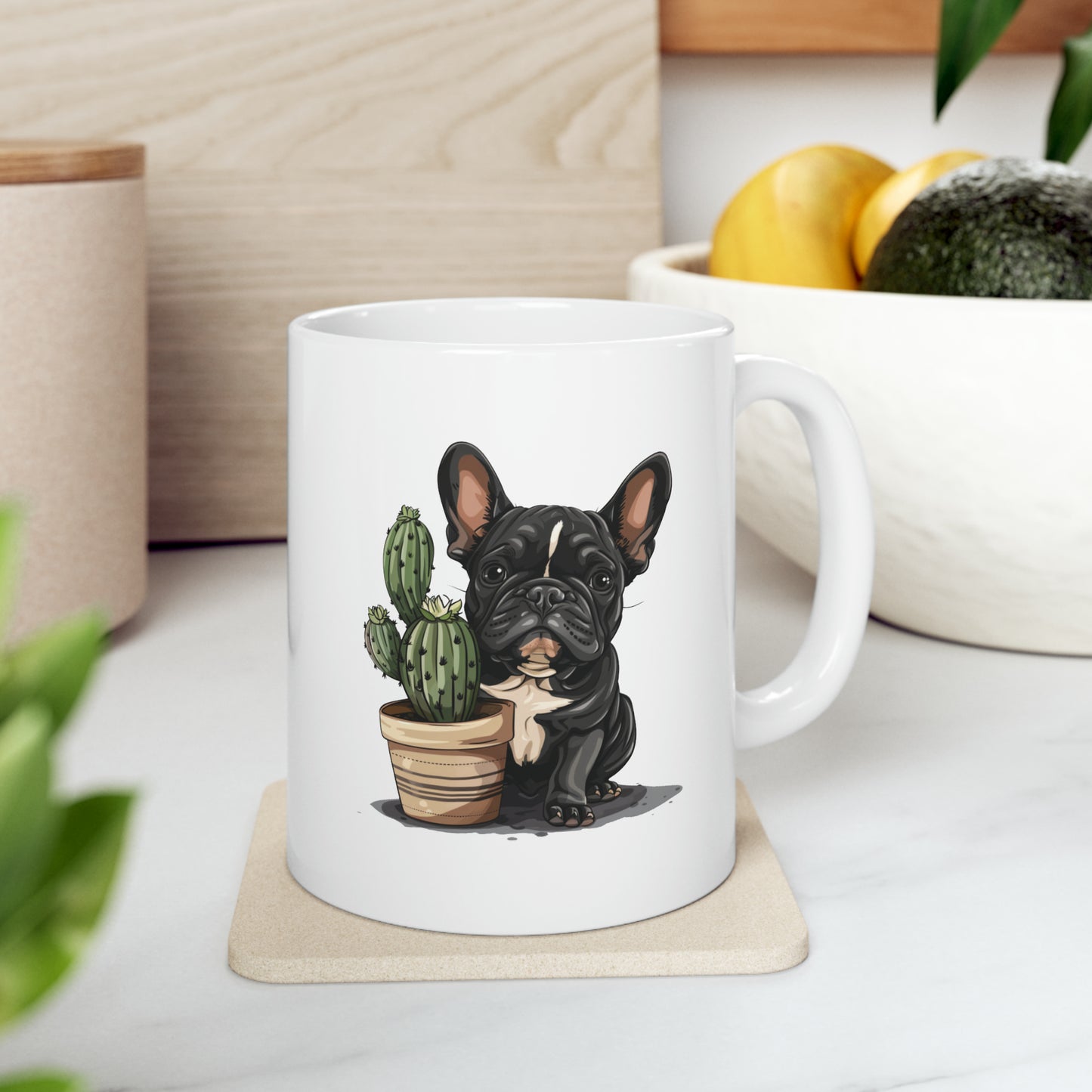 French bulldog with Cactus - Frenchie Bulldog themed Mug 11oz - French Boston