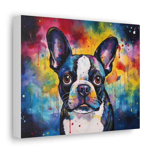 Boston Terrier Ink Watercolor Art Print on Canvas - French Boston