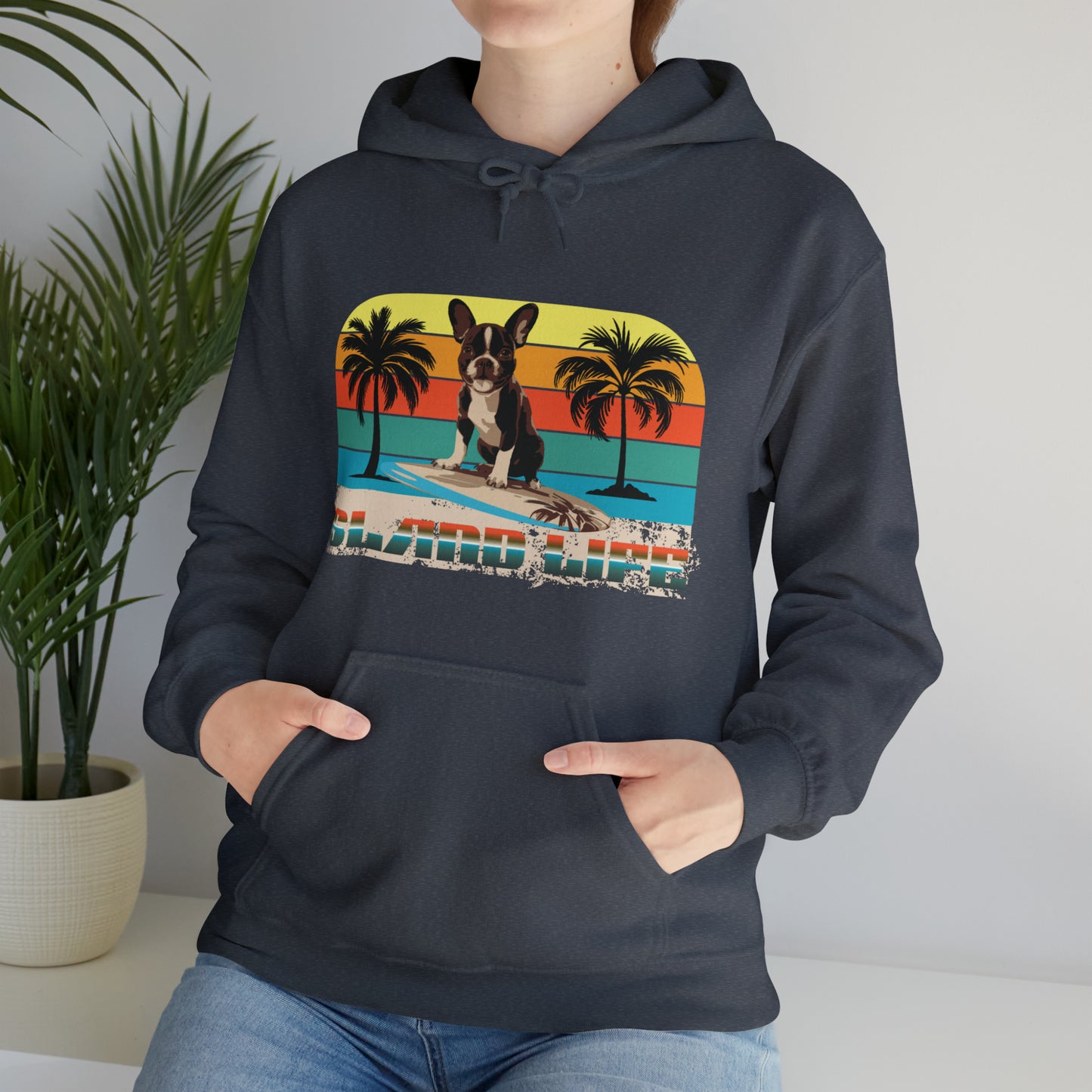 "Island Life" Surfing Boston Terrier - Unisex Heavy Blend™ Hooded Sweatshirt - French Boston