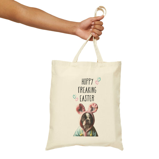 "Happy Freaking Easter" Funny Frenchie Boston Themed 100% Cotton Canvas Tote Bag - French Boston