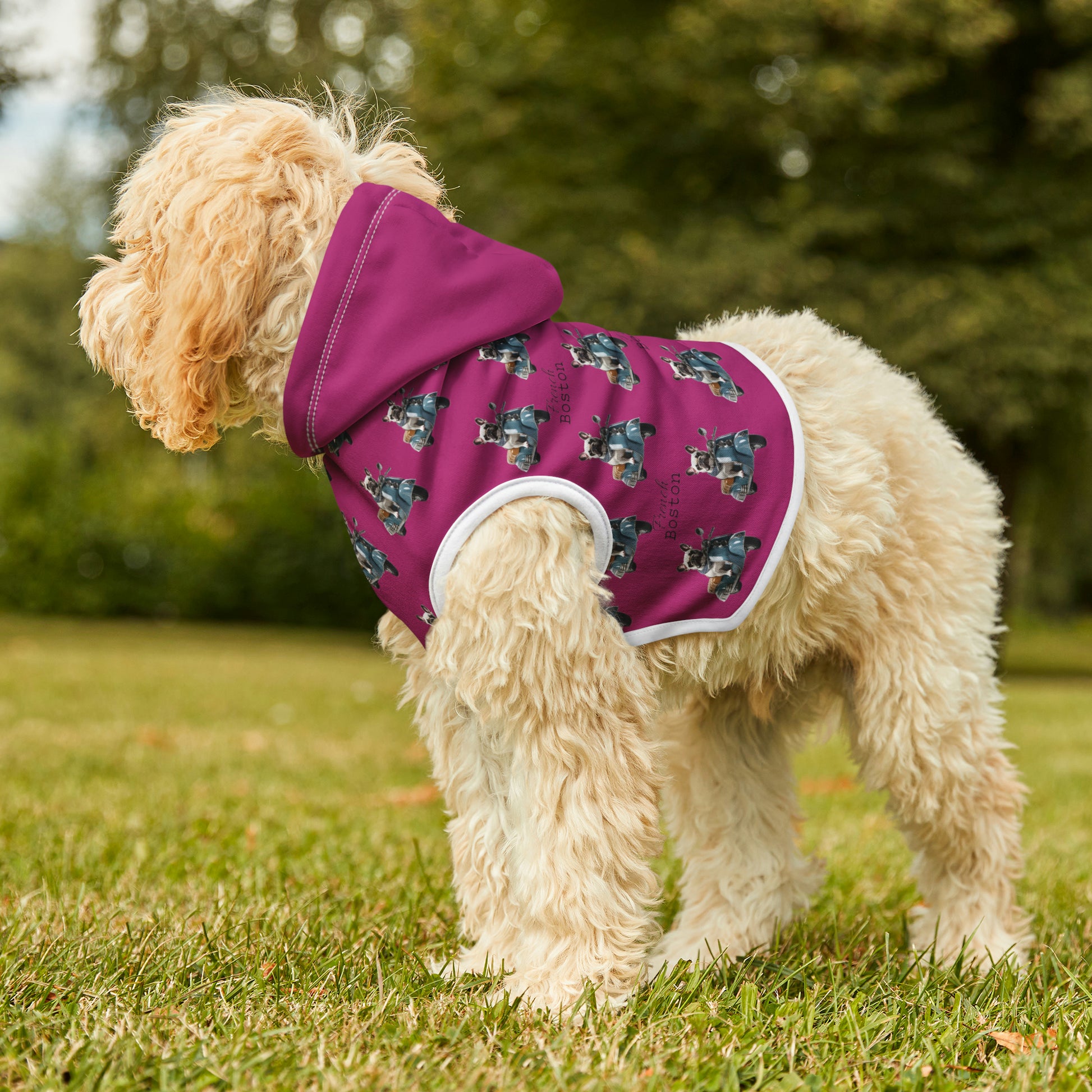 French Bulldog on Vintage Scooter Pattern Pet Hoodie Hot Pink - French Boston Unique Design - French Boston