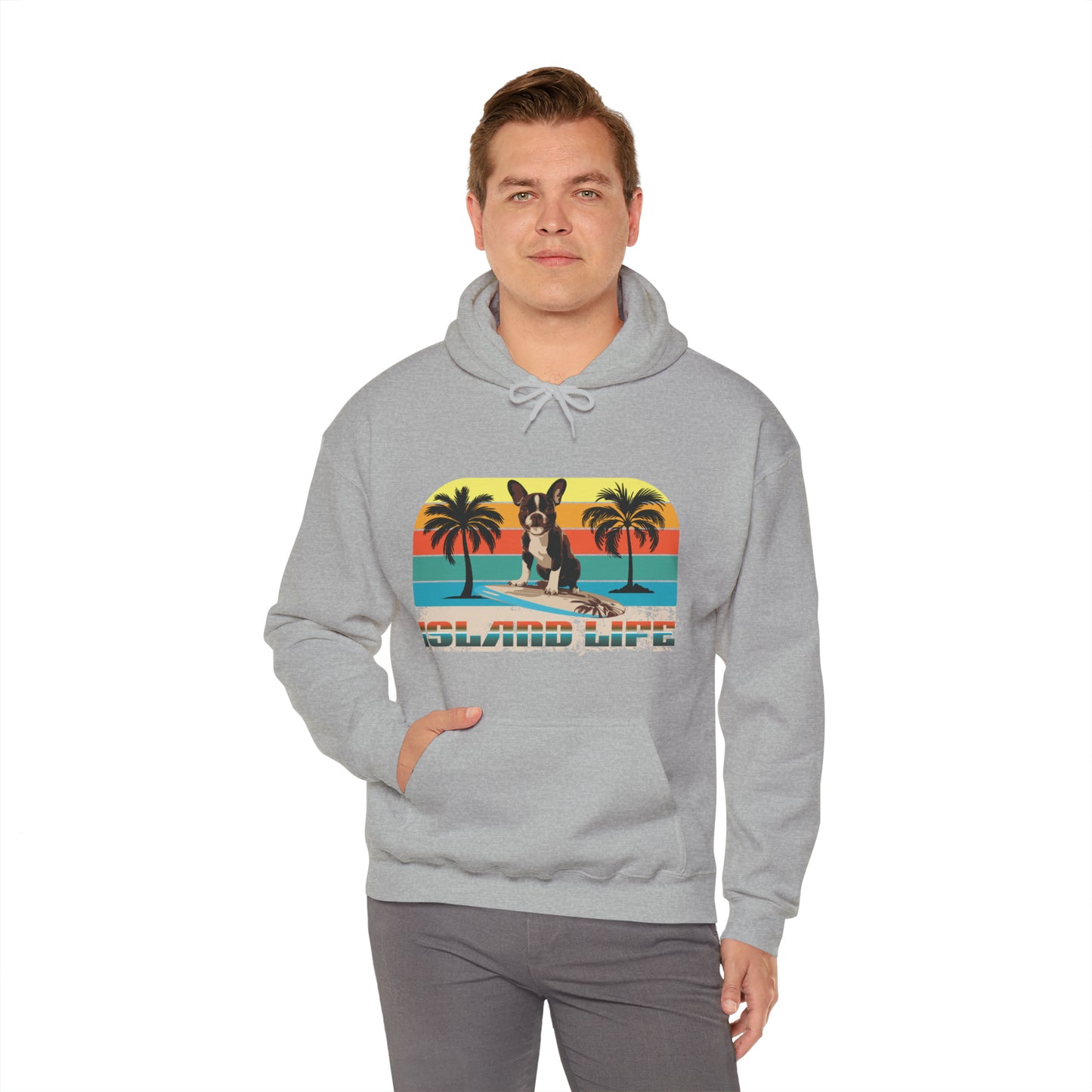 "Island Life" Surfing Boston Terrier - Unisex Heavy Blend™ Hooded Sweatshirt - French Boston