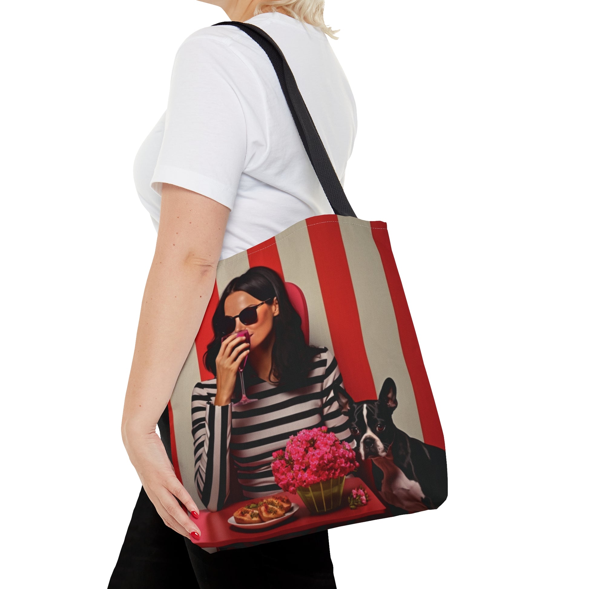 Woman drinking wine with Boston Terrier themed Tote Bag (AOP) - French Boston