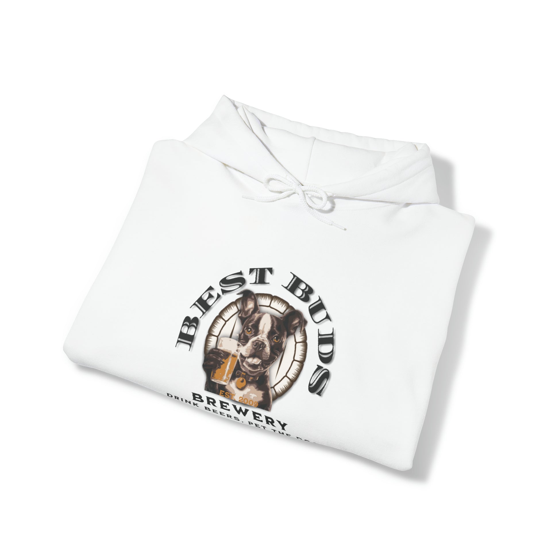 "Best Buds Brewery - Drink Beers, Pet the Dog, & Never Drink Alone" - Boston Terrier Themed Unisex Heavy Blend™ Hooded Sweatshirt - French Boston