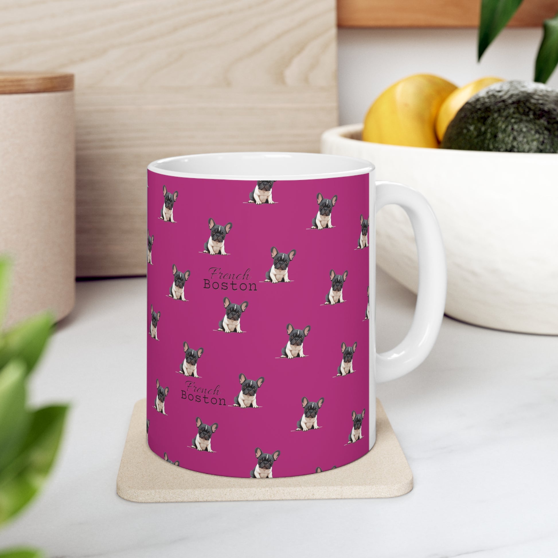 Baby French Boston Patterned Coffee Mug 11oz - Hot Pink color - French Boston