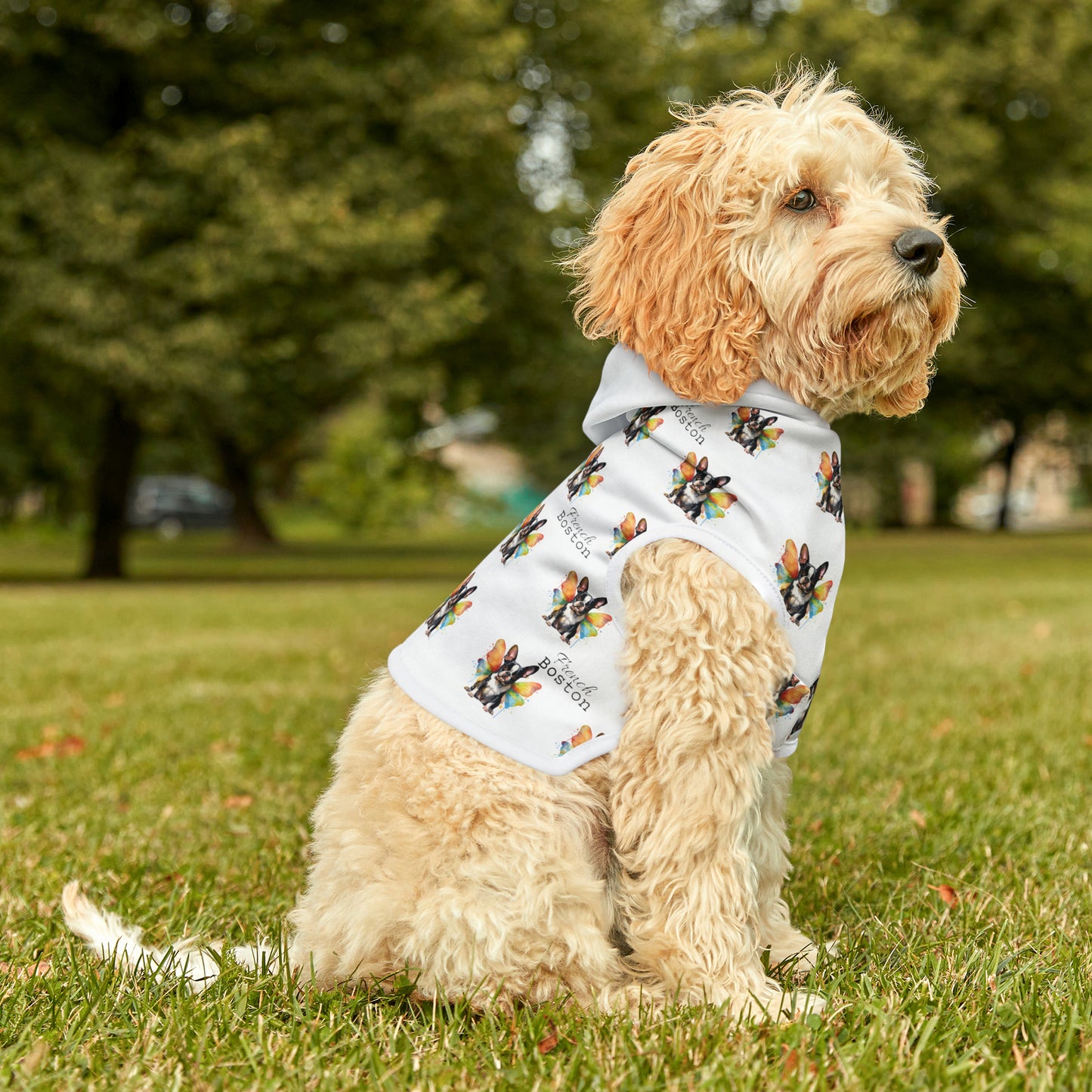 Butterfly French Boston Pattern Pet Hoodie White - French Boston Unique Design - French Boston