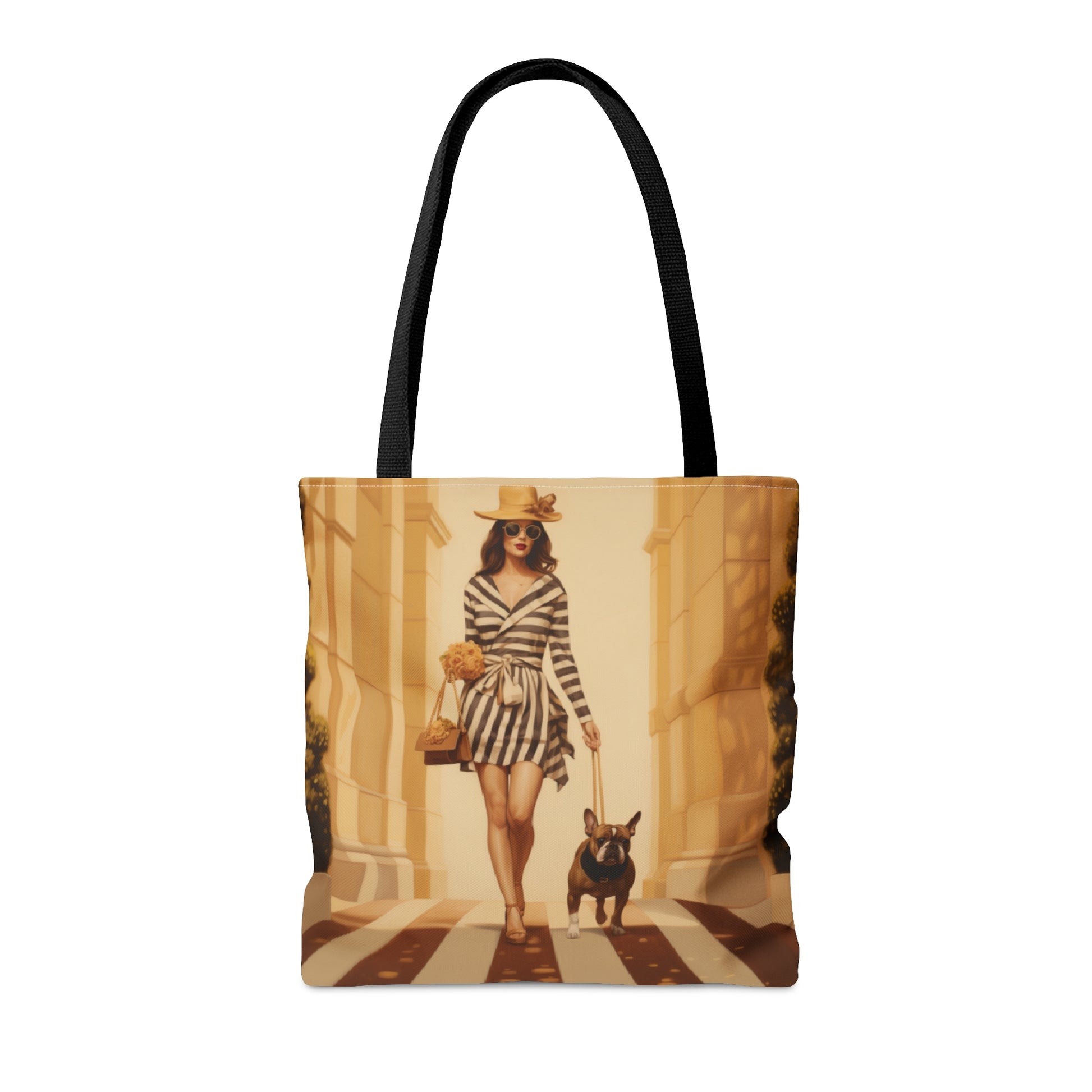 Woman walking French Bulldog french couture themed Tote Bag (AOP) - French Boston