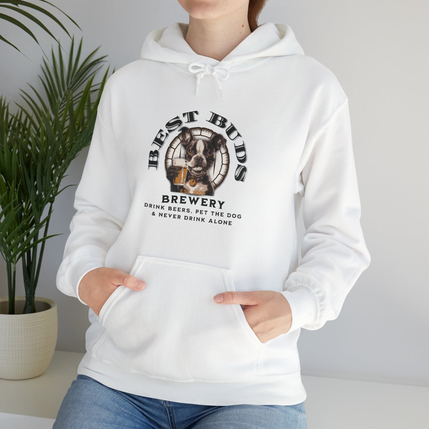 "Best Buds Brewery - Drink Beers, Pet the Dog, & Never Drink Alone" - Boston Terrier Themed Unisex Heavy Blend™ Hooded Sweatshirt - French Boston