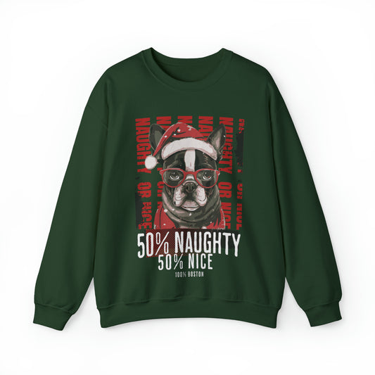 "50% Naughty 50% Nice 100% Boston" Christmas Unisex Crewneck Sweatshirt - French Boston