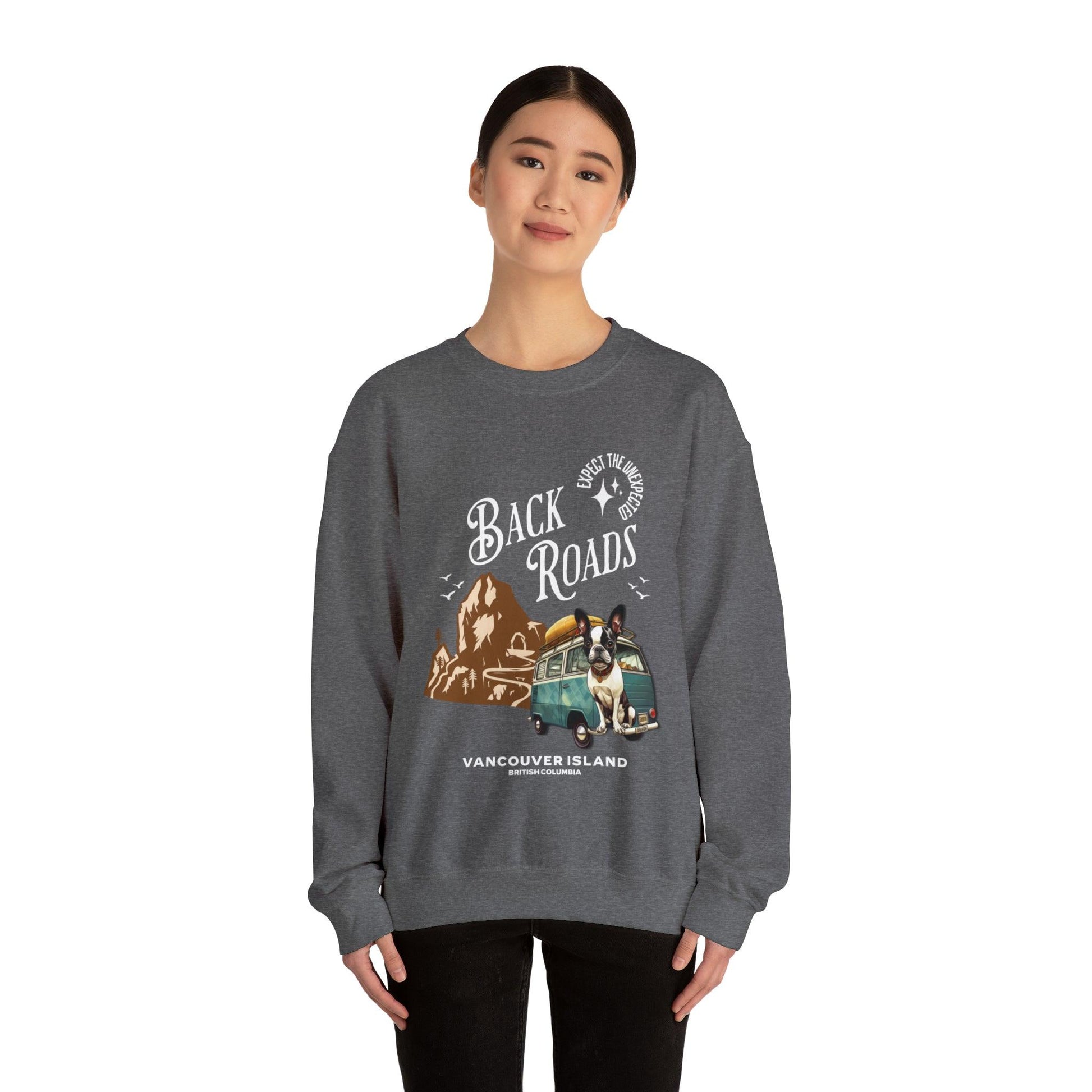 "Back Roads Vancouver Island - Expect the Unexpected" French Boston Unisex Crewneck Sweatshirt - French Boston