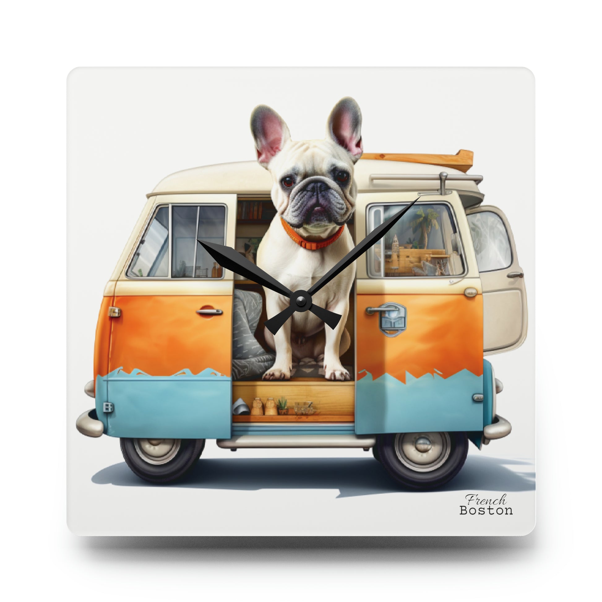 Camper Van French Bulldog Acrylic Wall Clock - Square - French Boston