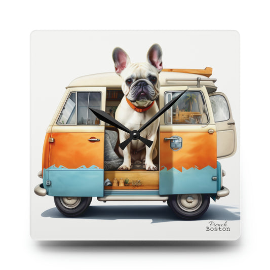 Camper Van French Bulldog Acrylic Wall Clock - Square - French Boston